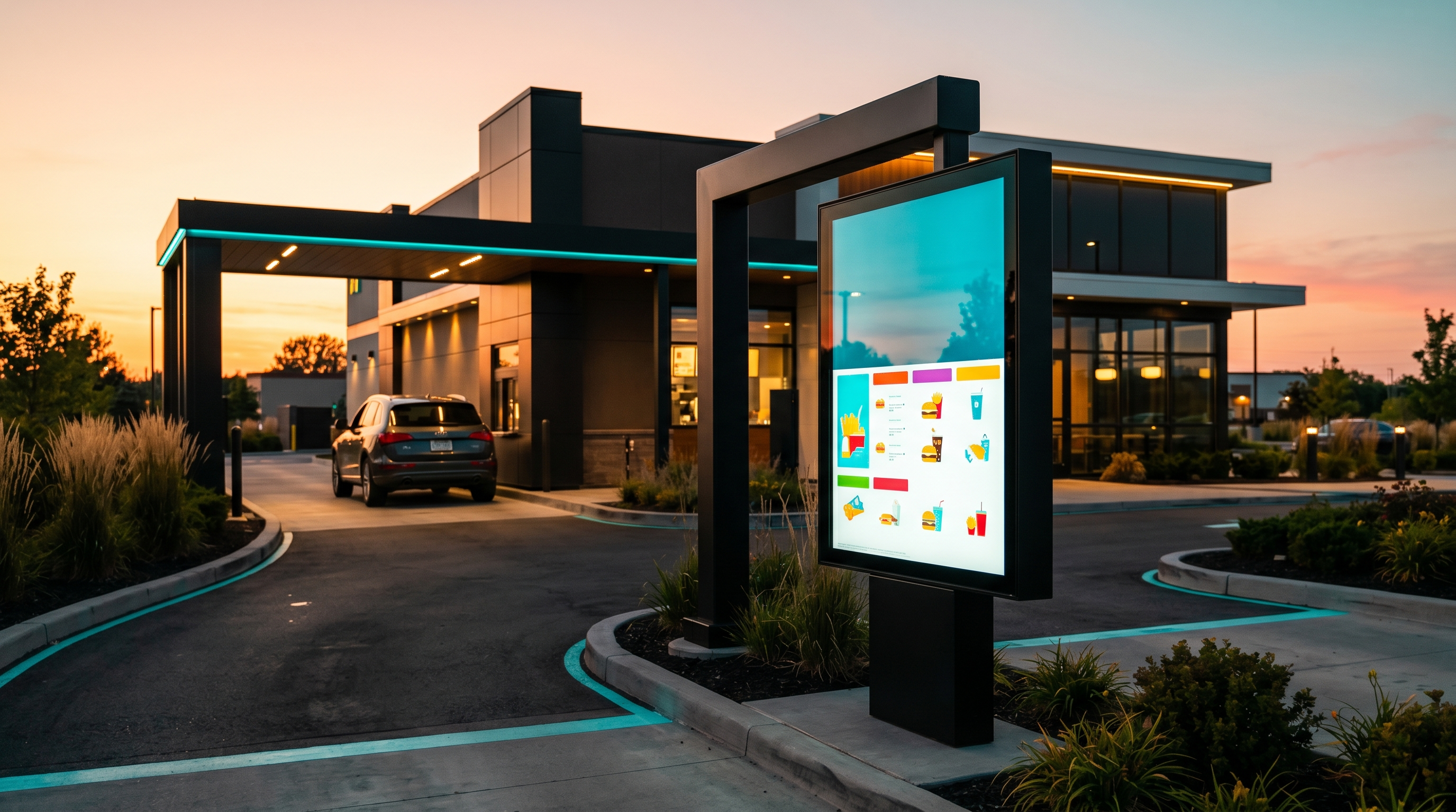 Outdoor digital signage at a modern QSR drive-thru at golden hour with a sleek pole-mounted menu board