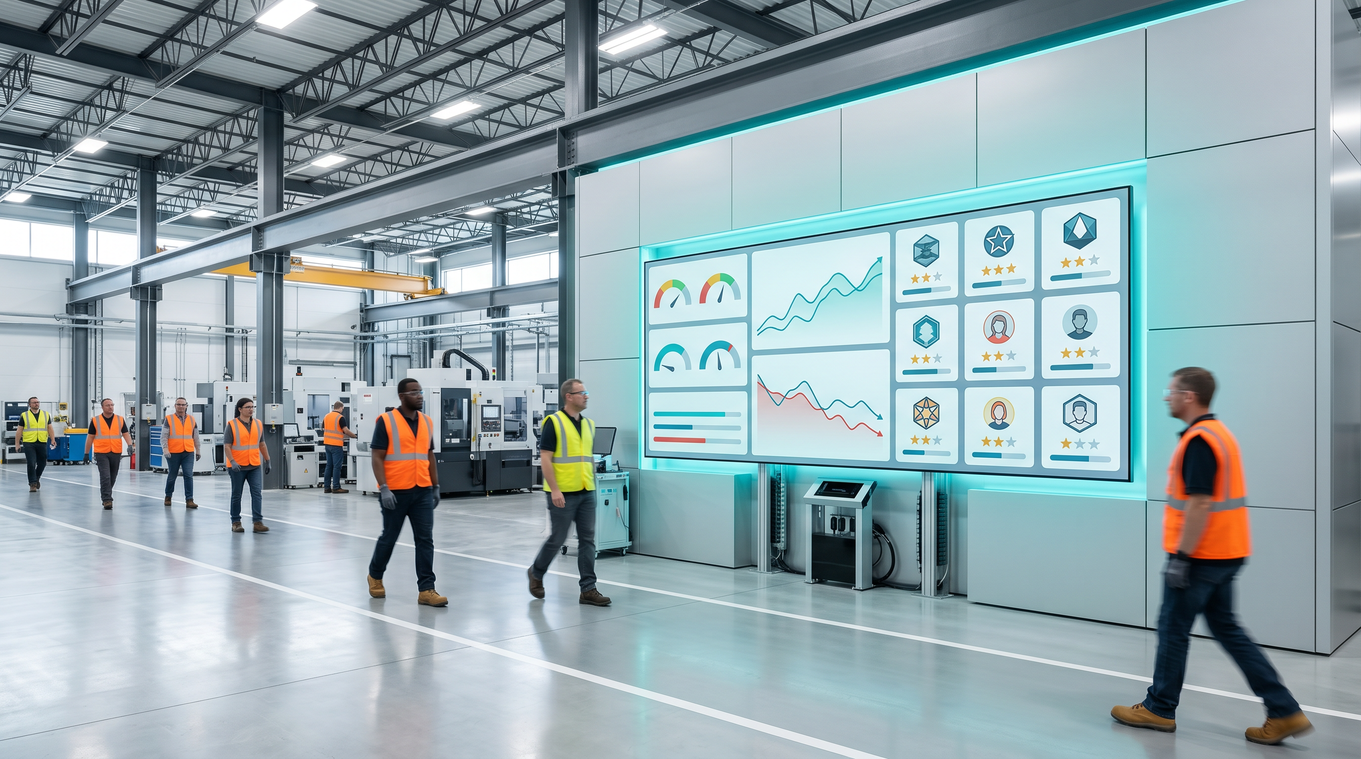 Workplace digital signage on a manufacturing floor showing safety stats and employee recognition for internal communications