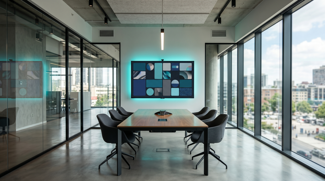 Wall-mounted video conferencing display in a modern glass-walled corporate conference room