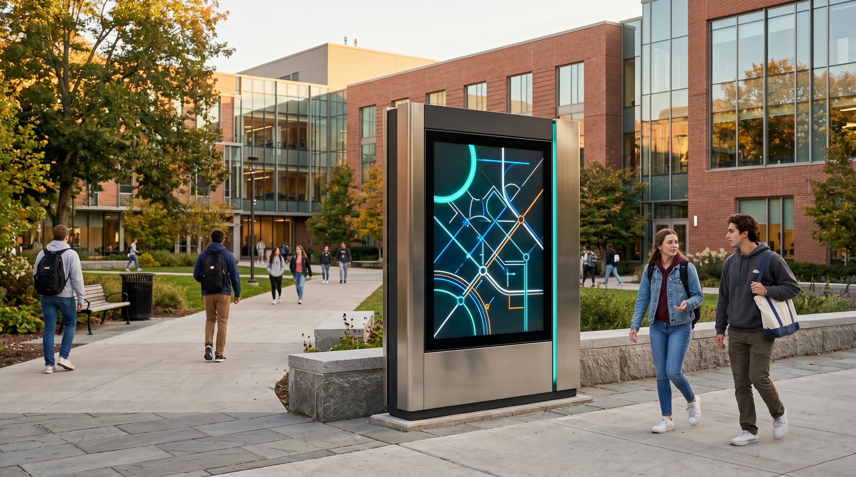 Outdoor campus wayfinding kiosk on a university quad with students walking past