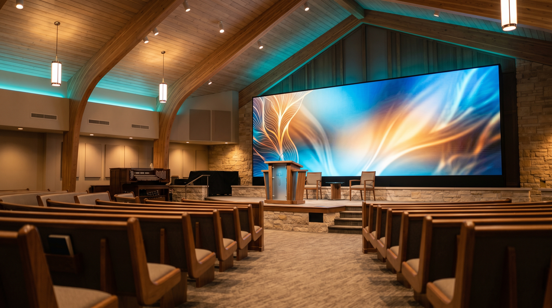 LED video wall behind the pulpit in a modern church sanctuary for worship and events
