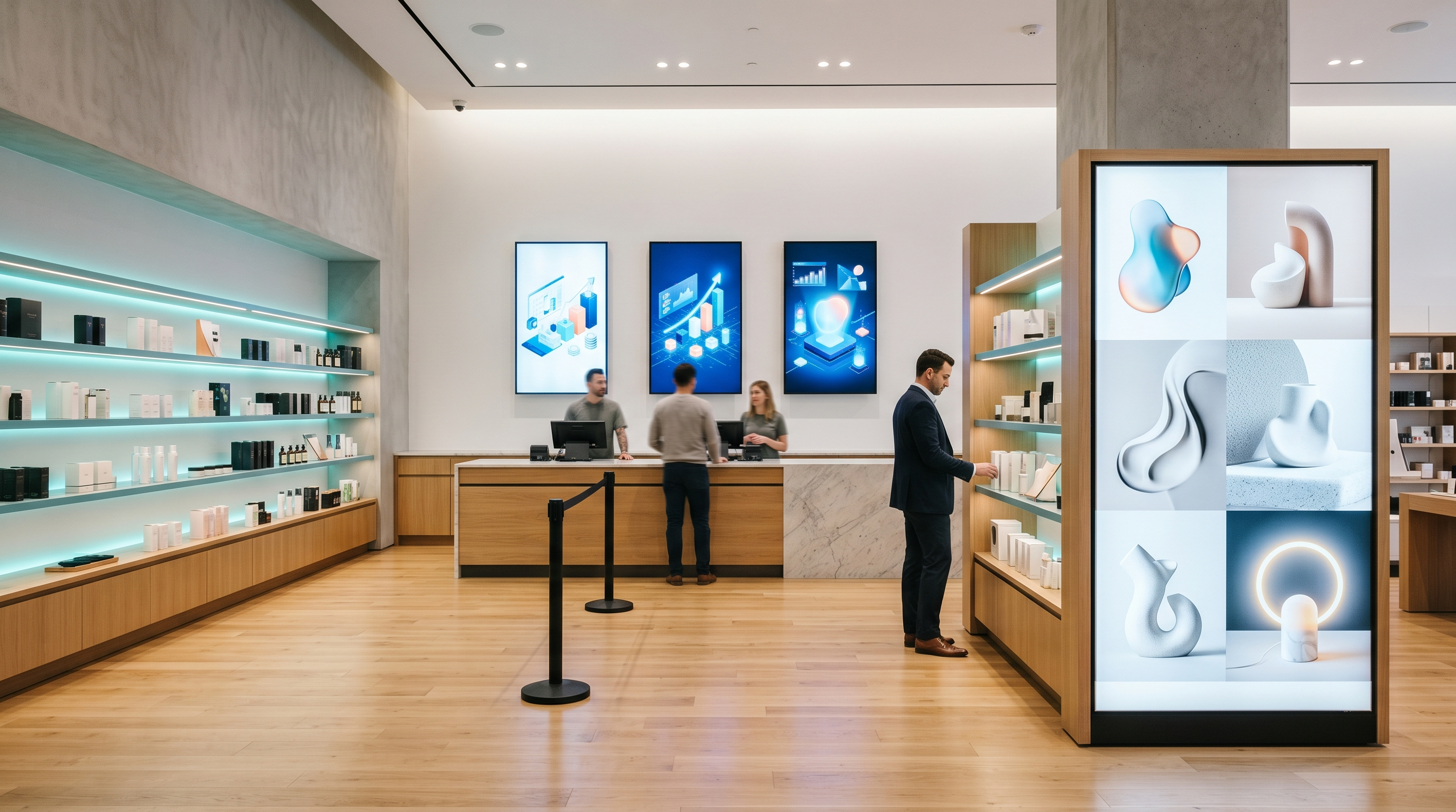 Digital signage in a modern boutique retail interior with checkout-counter and aisle endcap displays