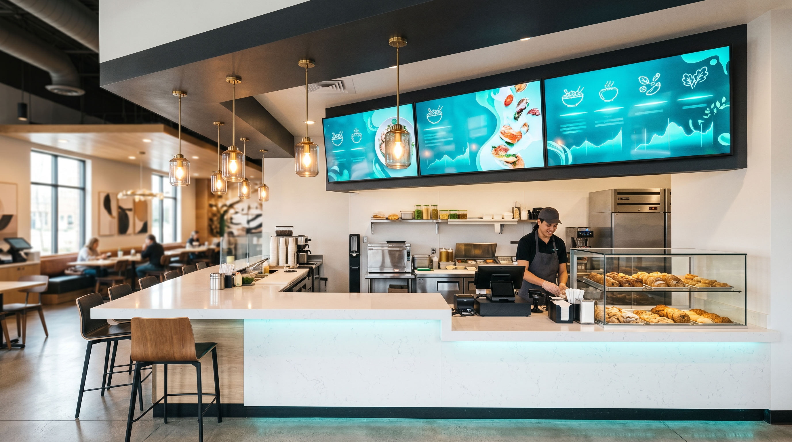 Row of digital menu boards above a clean fast-casual restaurant counter with warm pendant lighting