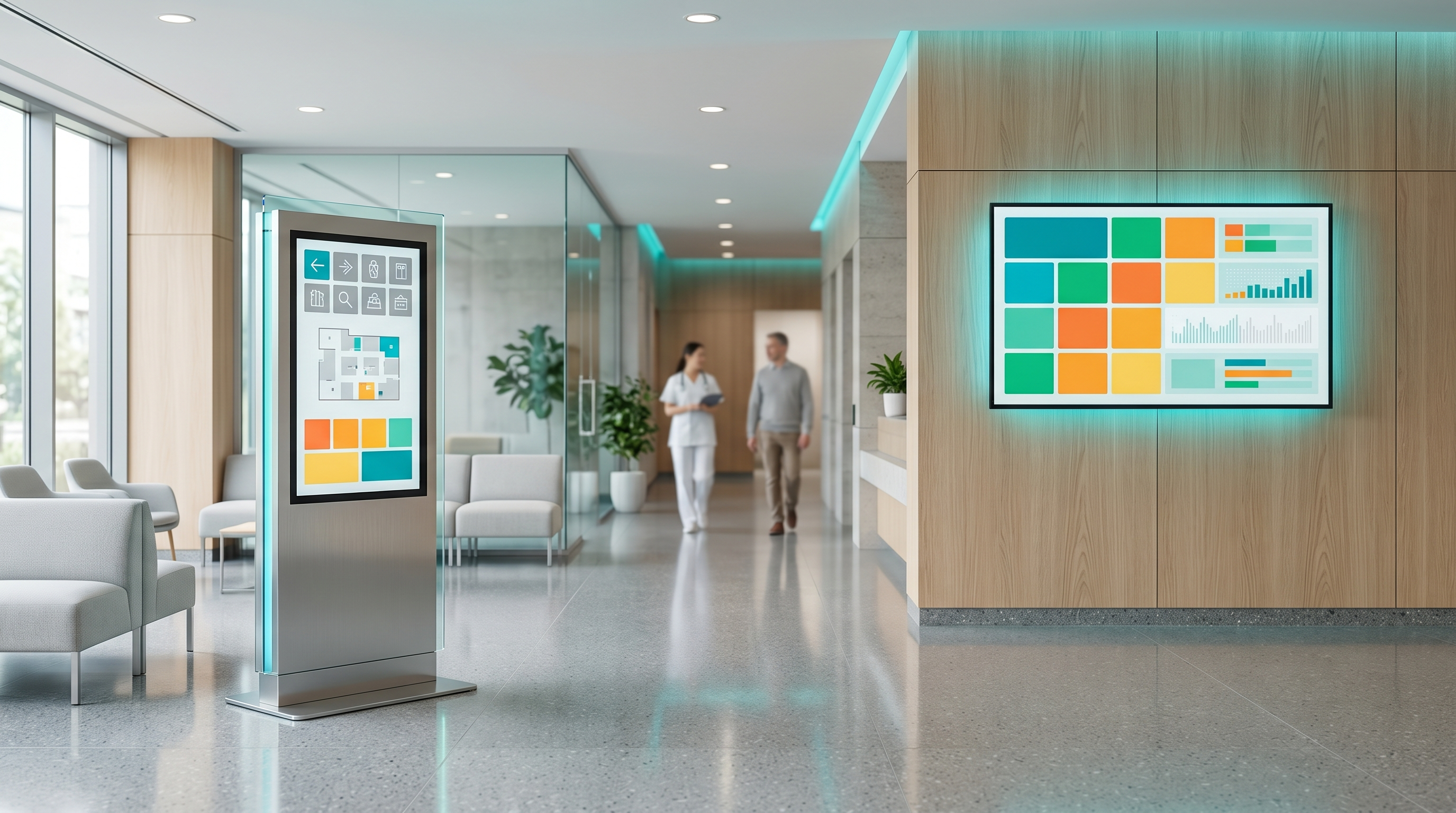 Touchscreen wayfinding kiosk and wall-mounted commercial display in a modern hospital lobby