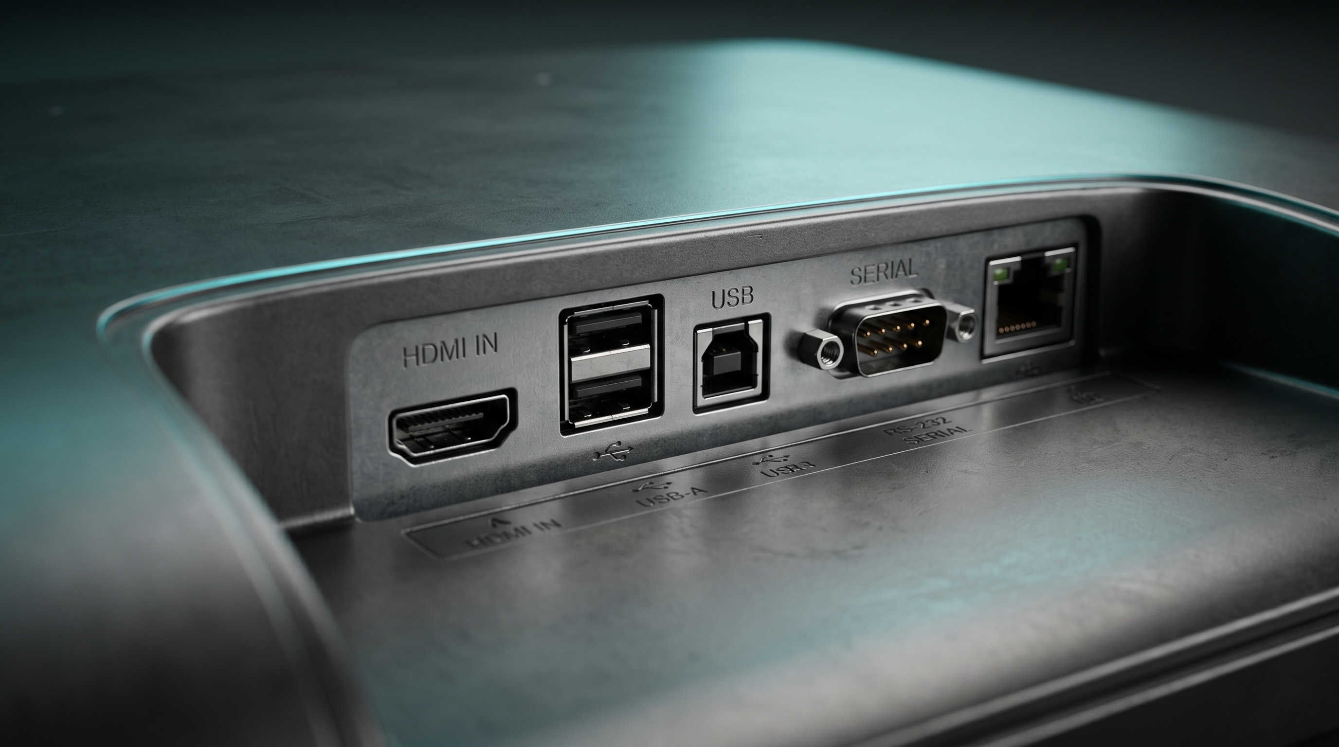 Macro detail of Samsung commercial display rear connectivity ports — HDMI USB RS-232 Ethernet
