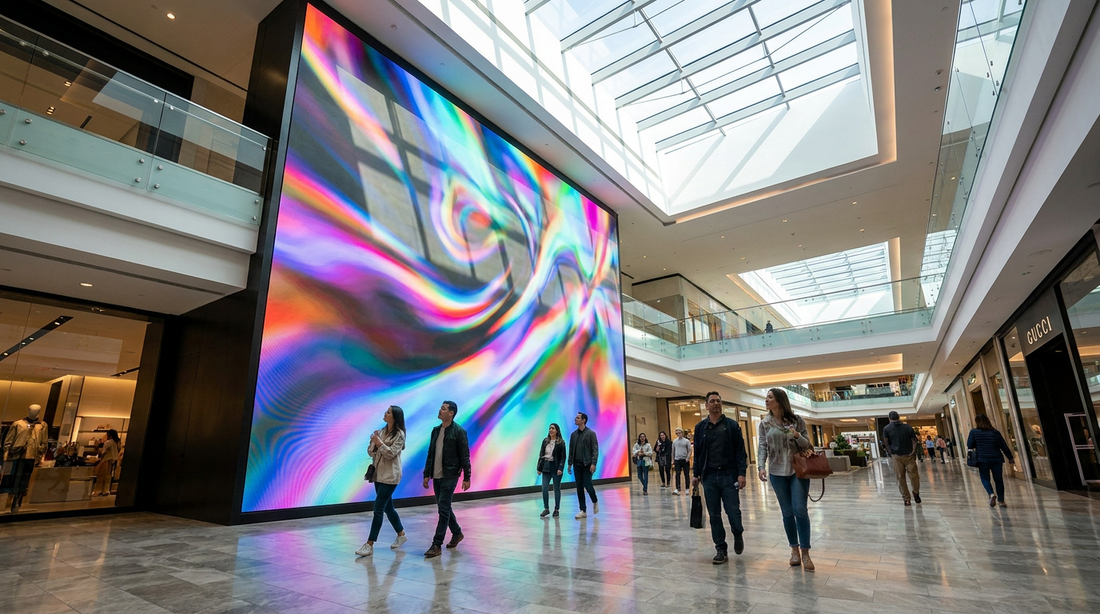 Indoor LED video wall in a flagship retail store displaying vibrant brand content