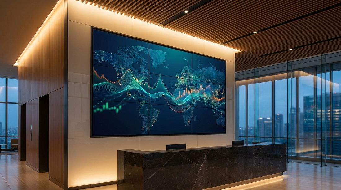 Commercial 3x3 tiled video wall in a modern corporate lobby