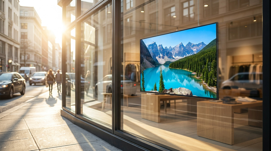 High-brightness commercial display readable in a sunlit storefront window