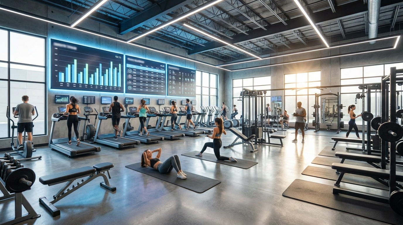Digital signage displays in a modern gym showing class schedules and workout metrics