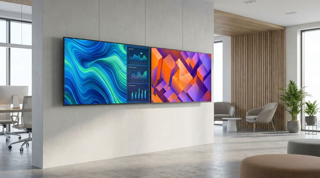 Two 55-inch commercial 4K displays compared side by side in a modern office