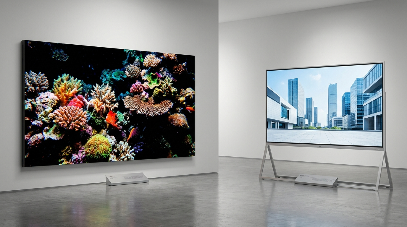 Fine-pitch LED video wall panel beside an edge-lit LCD commercial display, comparing the two display technologies
